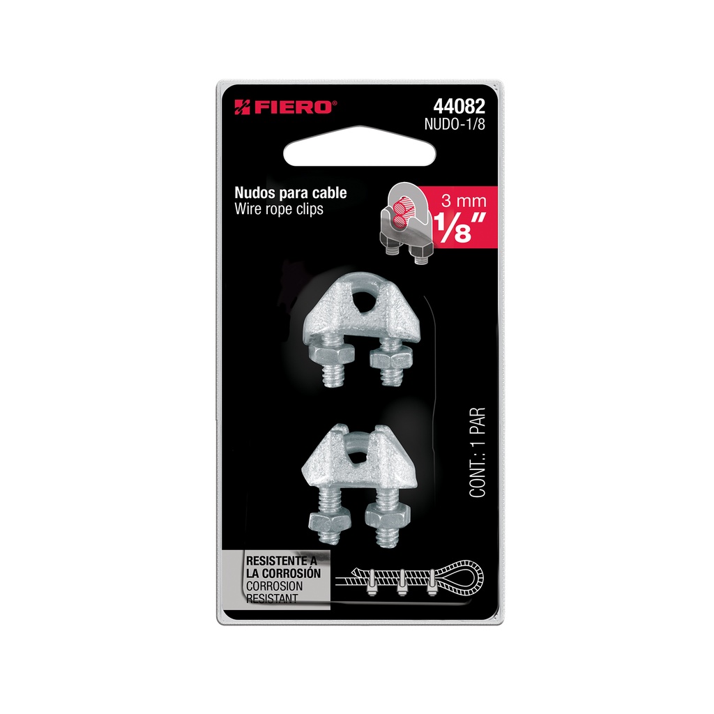 [44082] BLÍSTER CON 2 NUDOS PERROS DE HIERRO PARA CABLE DE 1/8 PLG.