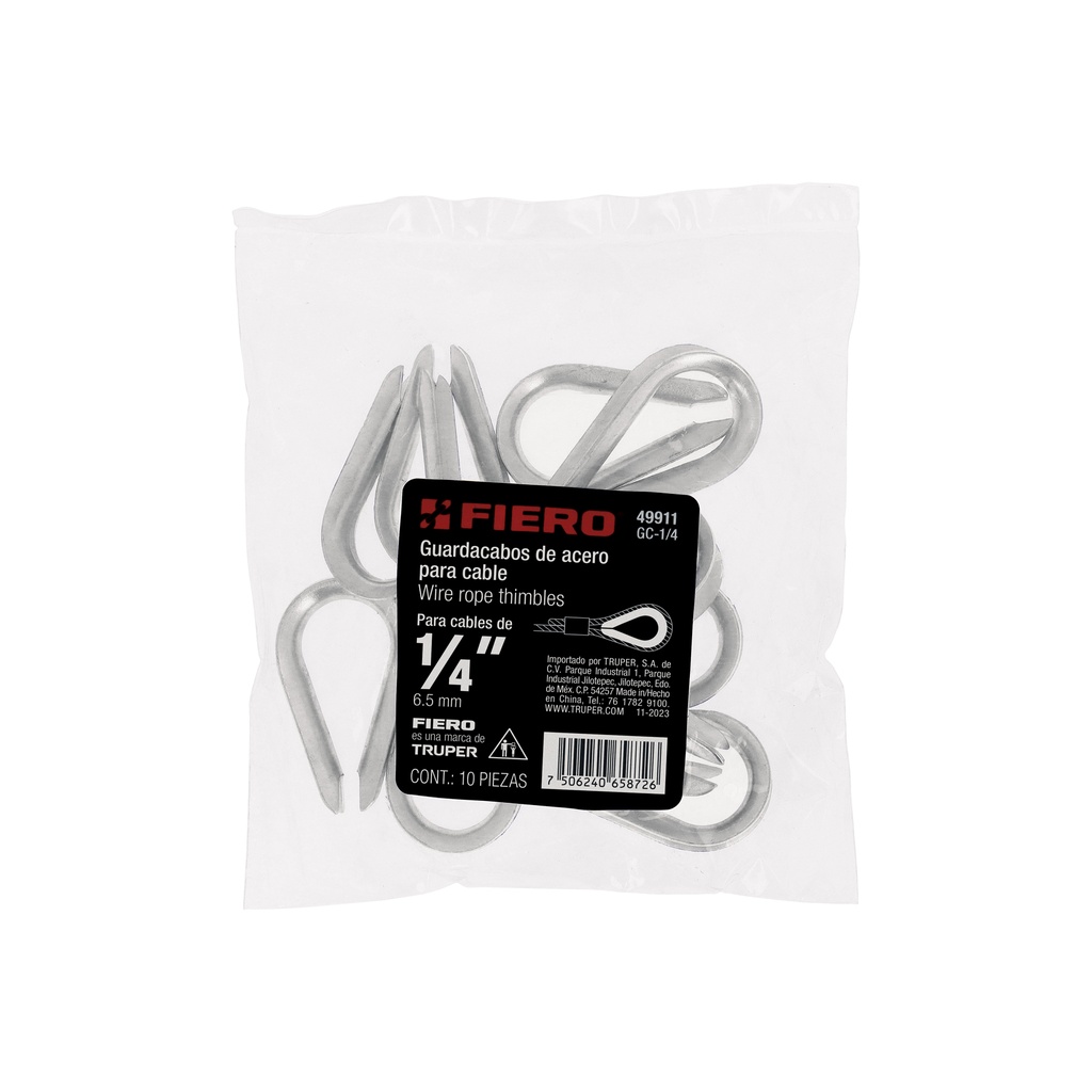 [49911] BOLSA CON 10 GUARDACABOS PARA CABLE DE ACERO DE 1/4 PLG. FIERO