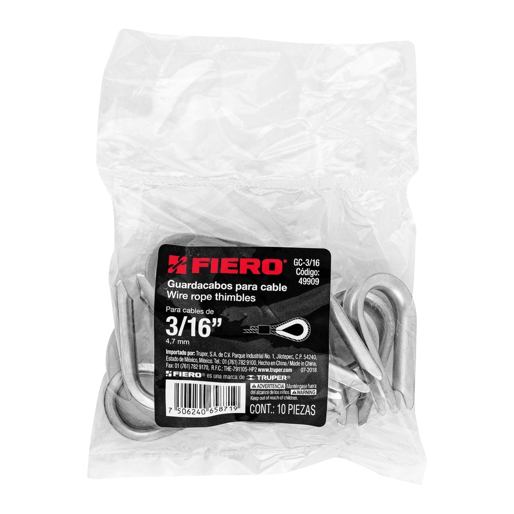 [49909] BOLSA CON 10 GUARDACABOS PARA CABLE DE ACERO DE 3/16 PLG. FIERO
