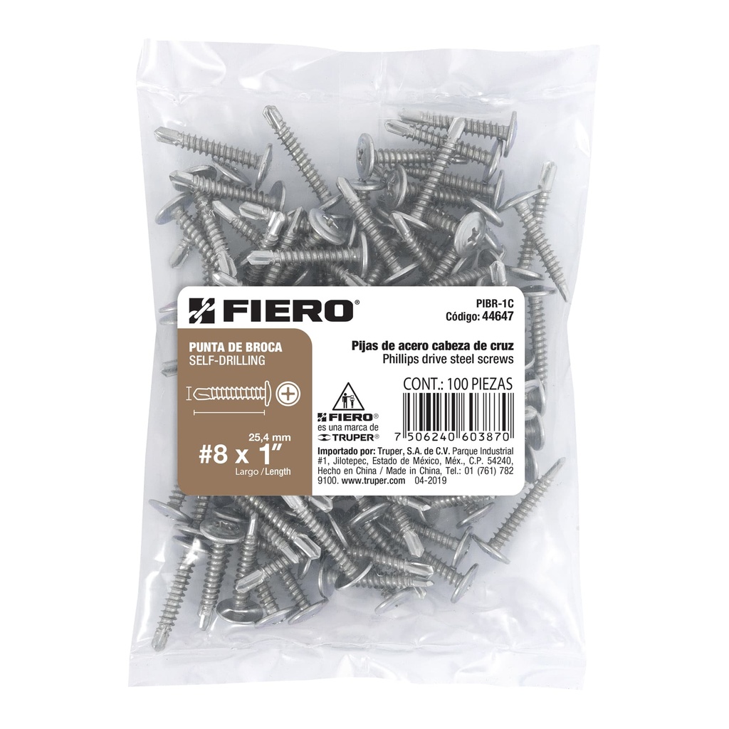 [44647] BOLSA CON 100 PIJAS CABEZA CRUZ PUNTA DE BROCA 1 PLG. FIERO
