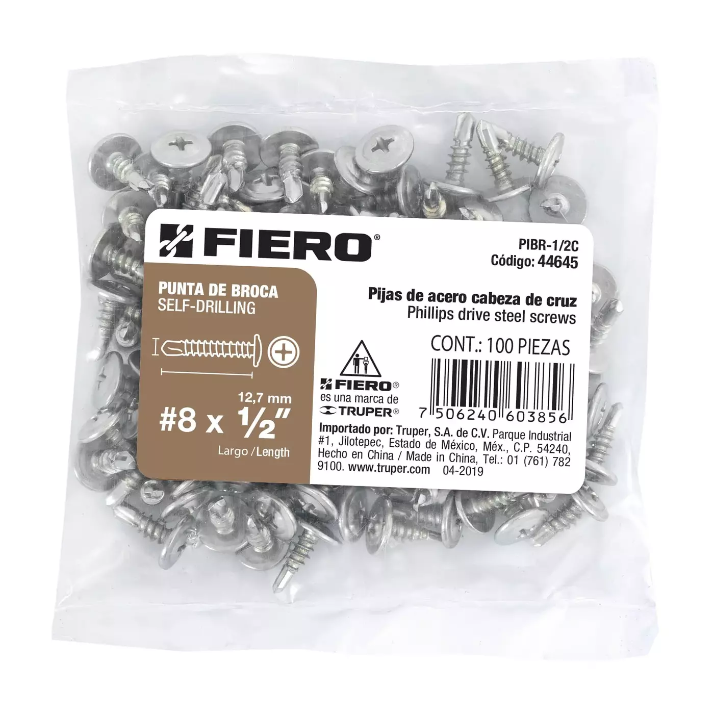 [44645] BOLSA CON 100 PIJAS CABEZA CRUZ PUNTA DE BROCA 1/2 PLG. FIERO