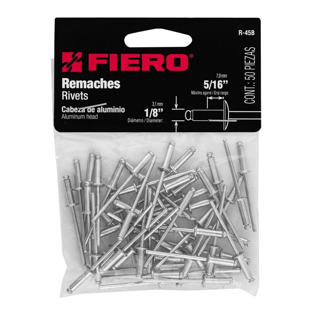 [44521] BOLSA CON 50 REMACHES 1/8 PLG. X 5/16 PLG. DE ALUMINIO ALA 1/4 PLG.