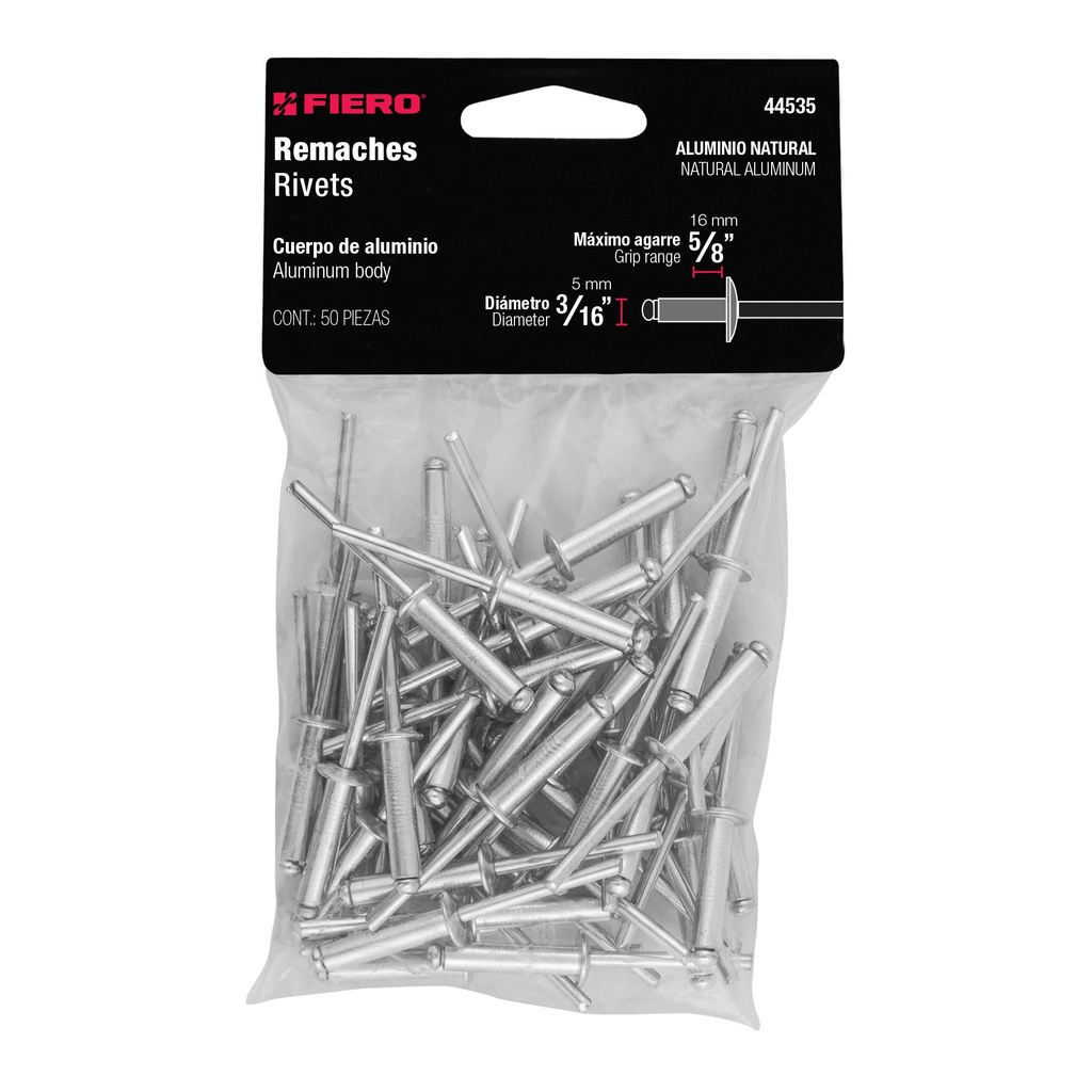 [44535] BOLSA CON 50 REMACHES 3/16 PLG. X 5/8 PLG. DE ALUMINIO ALA 3/8 PLG.