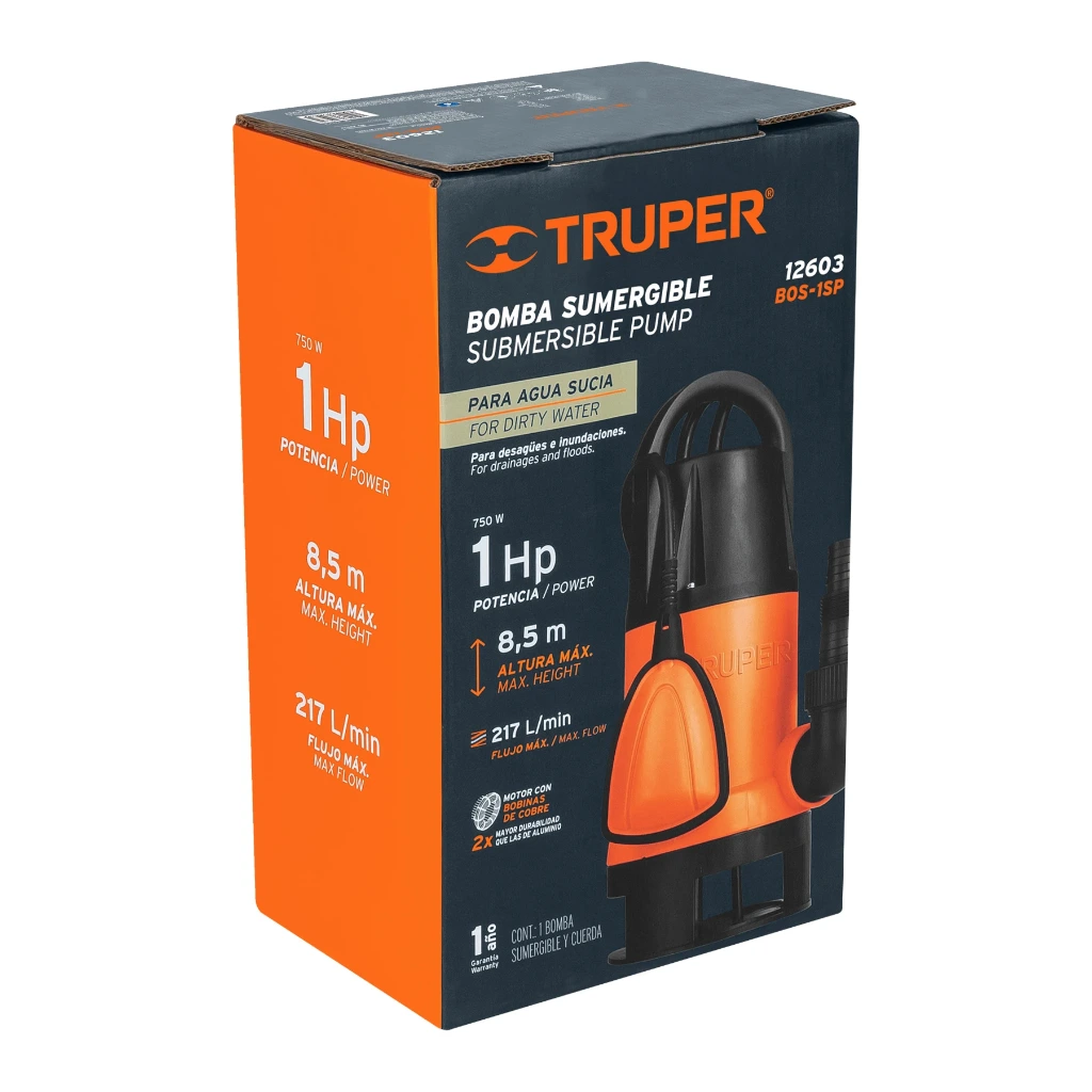 [12608] BOMBA SUMERGIBLE METALICA P/AGUA SUCIA 1 1/2HP TRUPER