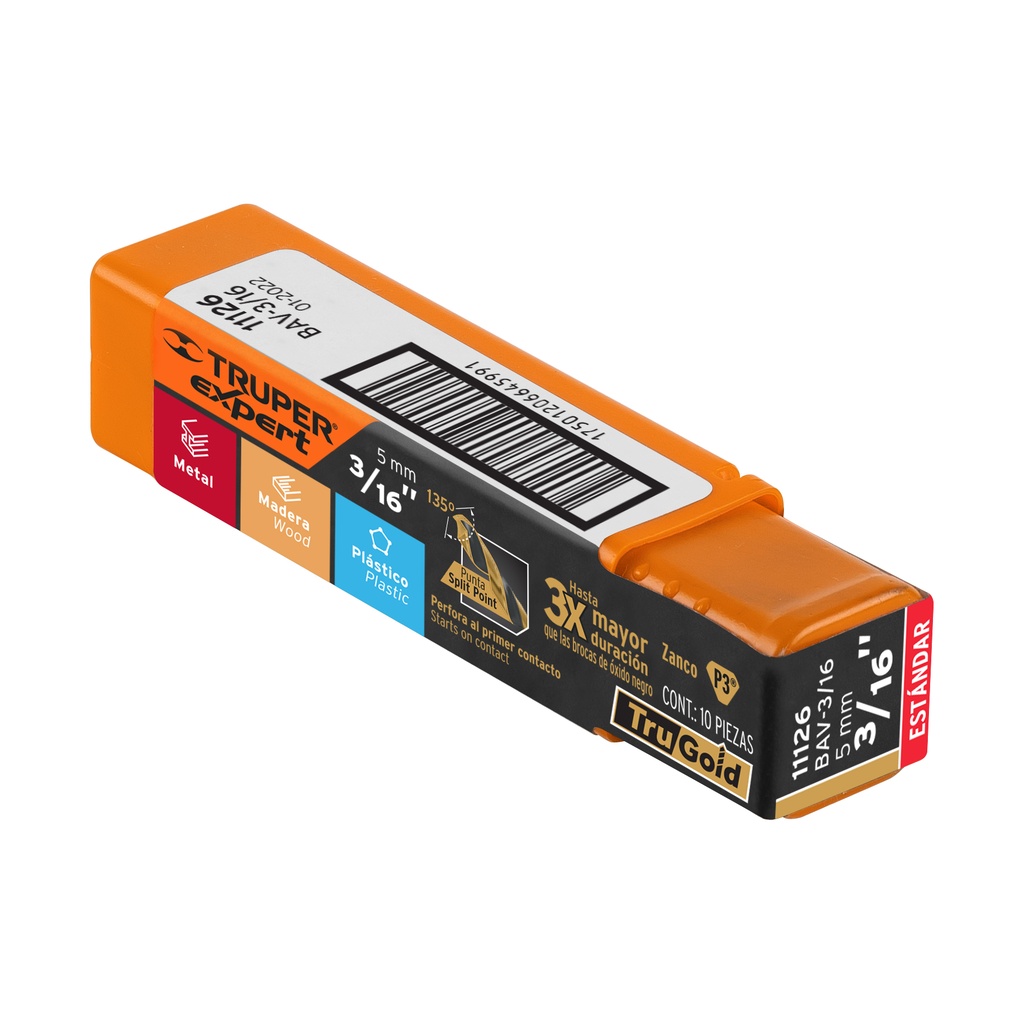 [11126] BROCA HSS 3/16 PLG. TRUGOLD PARA METAL TRUPER EXPERT