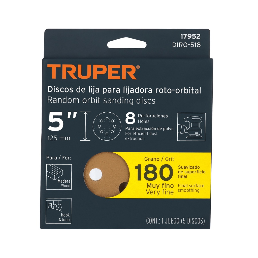 [17952] CAJA CON 5 DISCOS DE LIJA DE 5PLG GRANO 180 TRUPER
