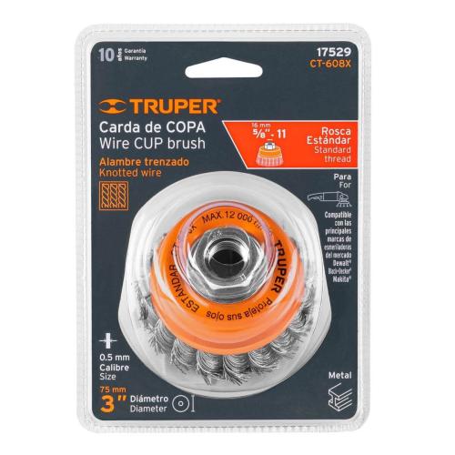 [17529] CARDA COPA 3 PLG. ALAMBRE TRENZADO GRUESO EJE 5/8 PLG. 11 TRUPER