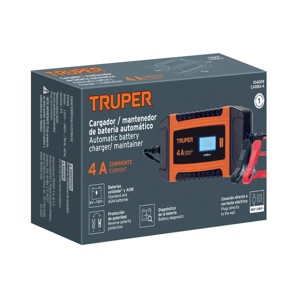 [104009] CARGADOR DE 4 AMPERIOS PARA BATERIAS DE 6V/12V TRUPER