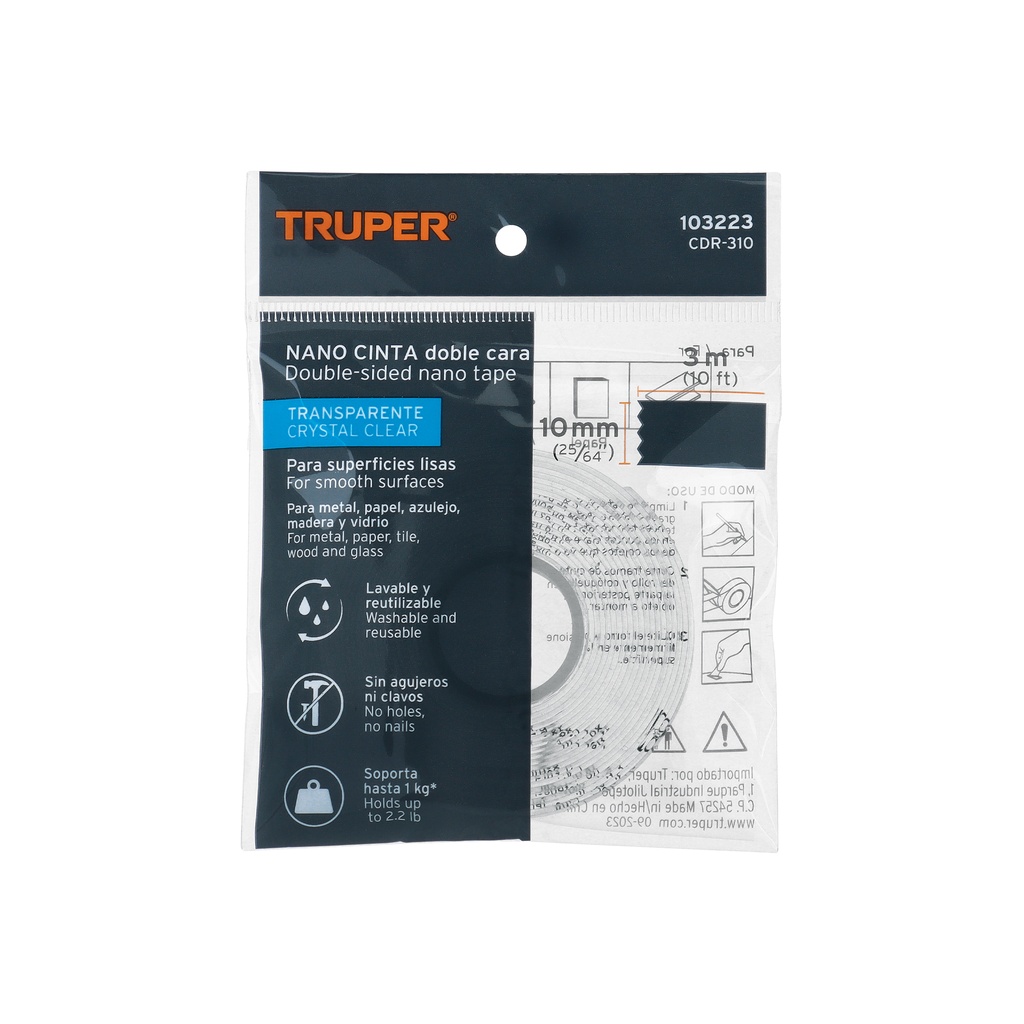 [103223] CINTA CARA DOBLE PEGAMENTO REUTILIZABLE 3MM-10MTS TRUPER