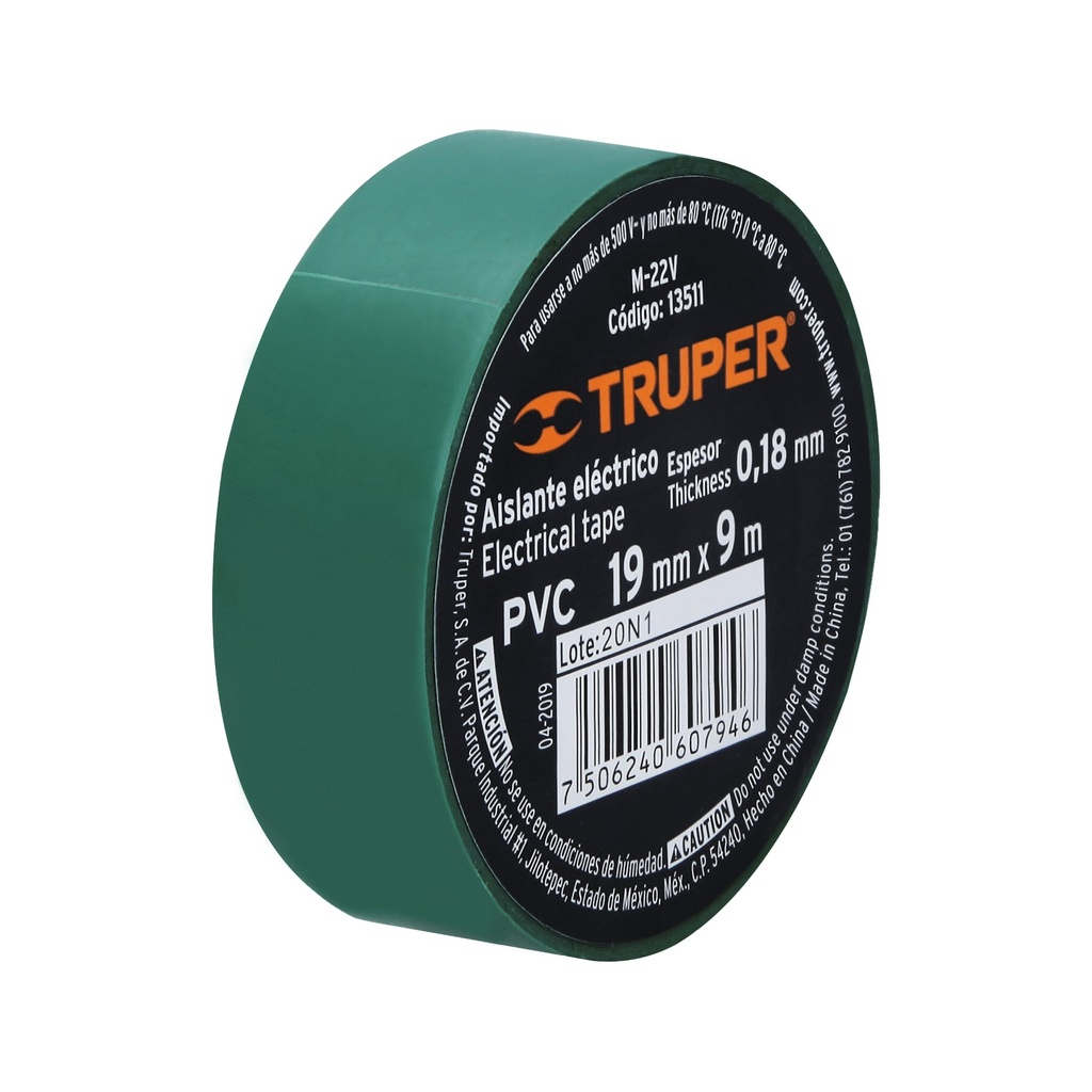 [13511] CINTA DE AISLAR DE 9 M X 19 MM, VERDE, TRUPER