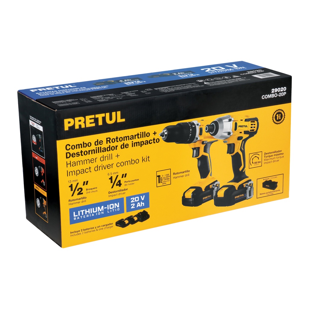 [29020] COMBO ROTOMARTILLO/DESTORNILLADOR IMPACTO INAL. 20V, PRETUL