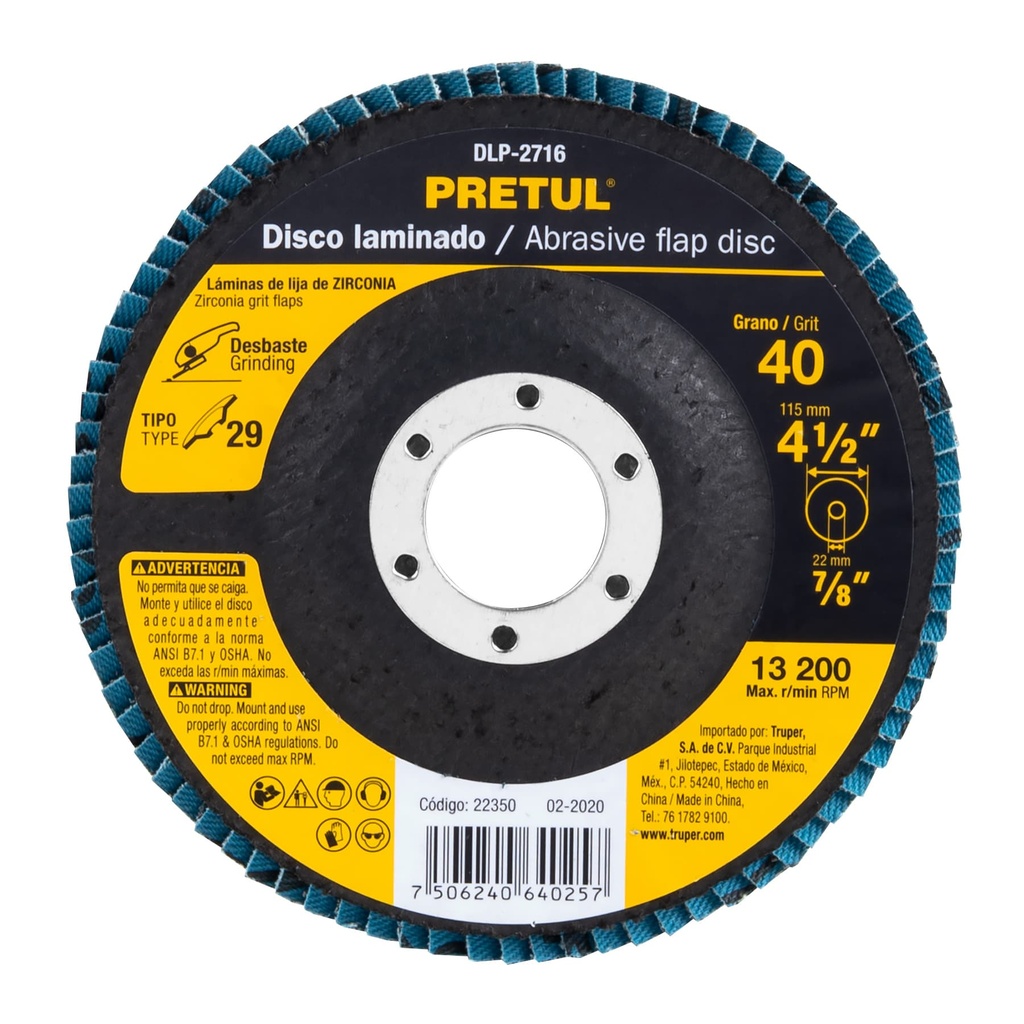 [22350] DISCO 4 1/2 PLG. LAMINADO GRANO 40 CENTRO 7/8 PLG. PRETUL