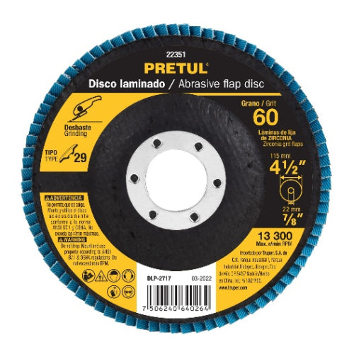 [22351] DISCO 4 1/2 PLG. LAMINADO GRANO 60 CENTRO 7/8 PLG. PRETUL
