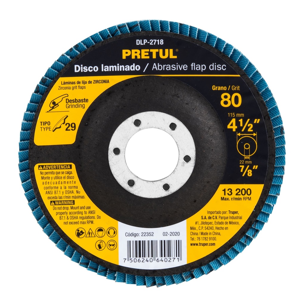 [22352] DISCO 4 1/2 PLG. LAMINADO GRANO 80 CENTRO 7/8 PLG. PRETUL