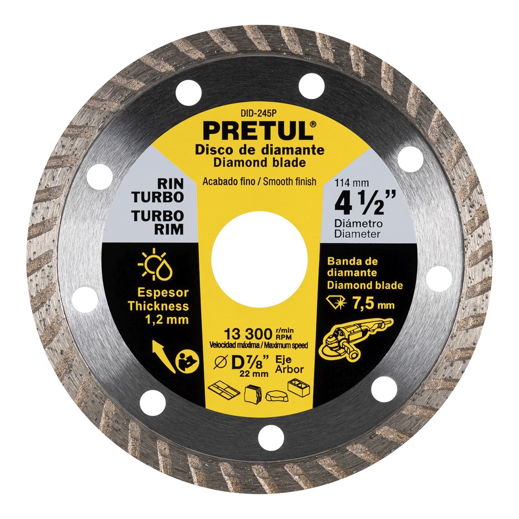 [27017] DISCO DE DIAMANTE DE 4 1/2 PLG. X 1.2 MM RIN TURBO PRETUL