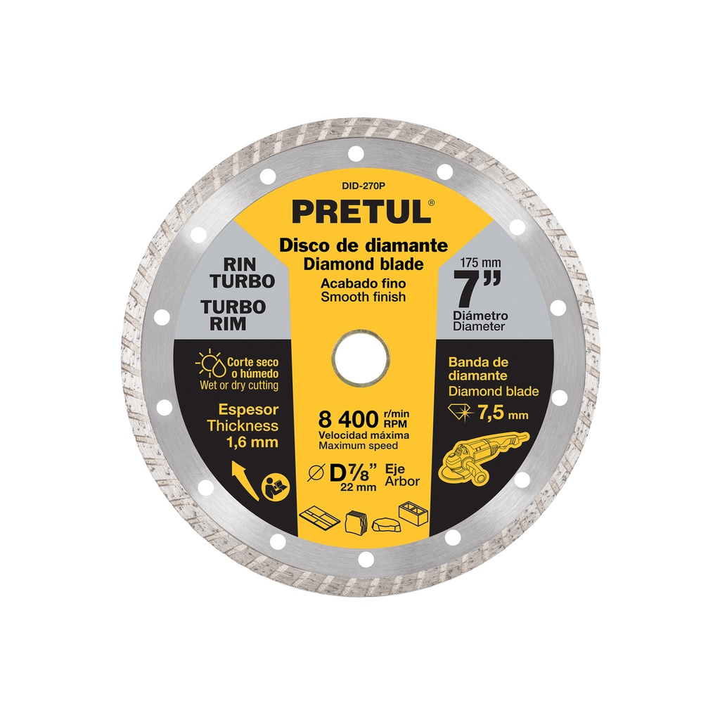 [27018] DISCO DE DIAMANTE DE 7 PLG. X 1.6 MM RIN TURBO PRETUL