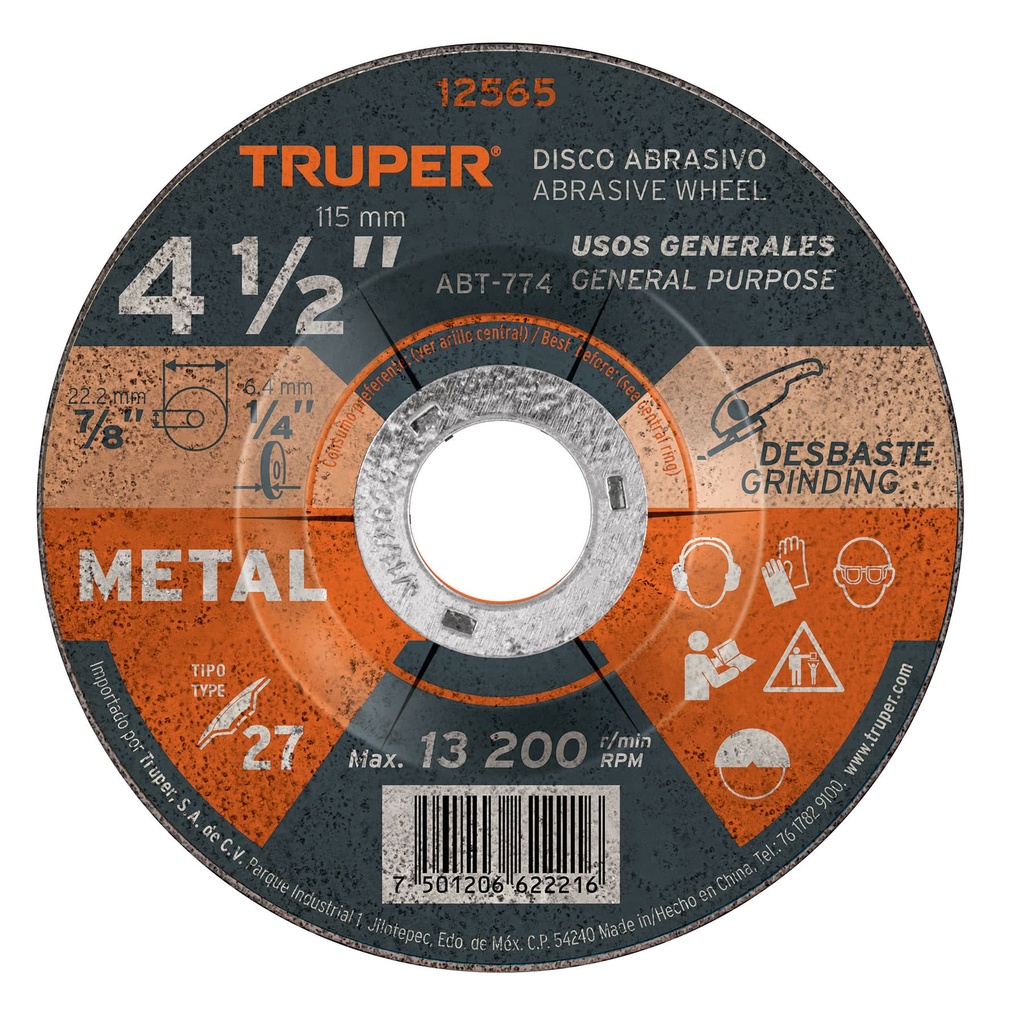 [12565] DISCO TIPO 27 DE 4 1/2 PLG. X 6.4 MM PARA DESBASTE DE METAL