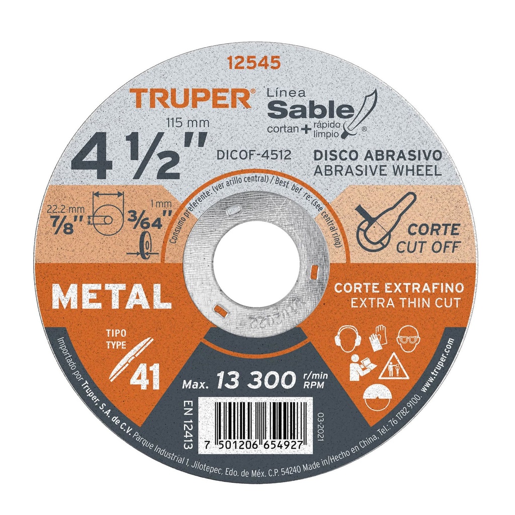 [12545] DISCO TIPO 41 DE 4 1/2 PLG. X 1 MM CORTE FINO DE METAL SABLE