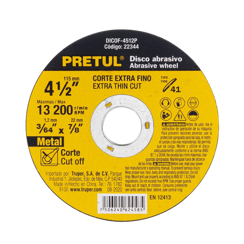 [22344] DISCO TIPO 41 DE 4 1/2 PLG. X 1.2 MM CORTE FINO DE METAL PRETUL