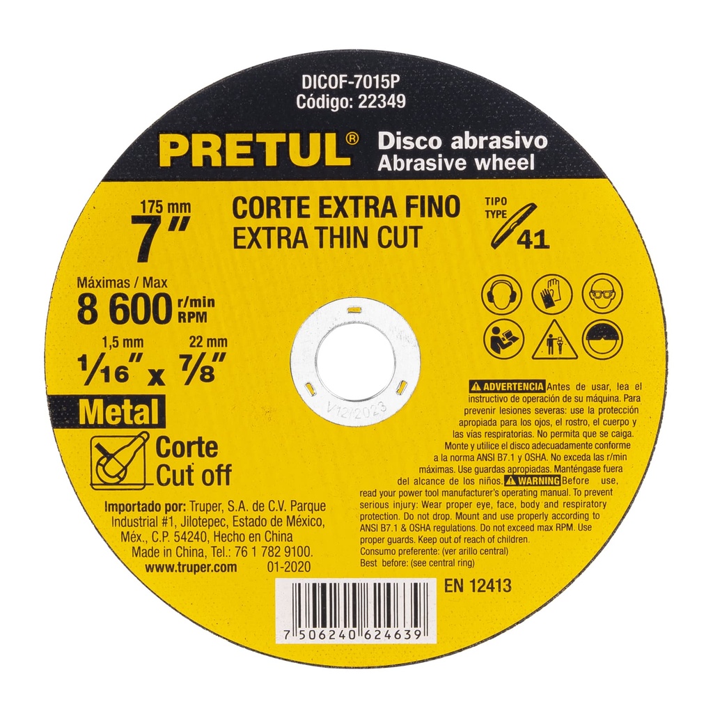 [22349] DISCO TIPO 41 DE 7 PLG. X 1.5 MM CORTE FINO DE METAL PRETUL