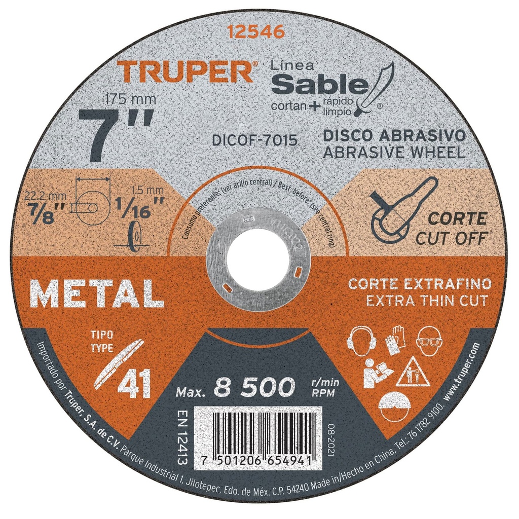 [12546] DISCO TIPO 41 DE 7 PLG. X 1.5 MM CORTE FINO DE METAL SABLE
