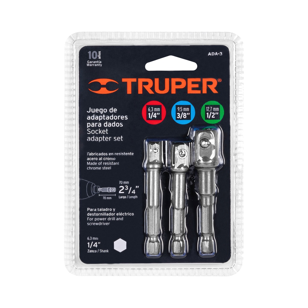 [10752] JUEGO DE 3 ADAPTADORES PARA DADOS DE 1/4", 3/8" Y 1/2