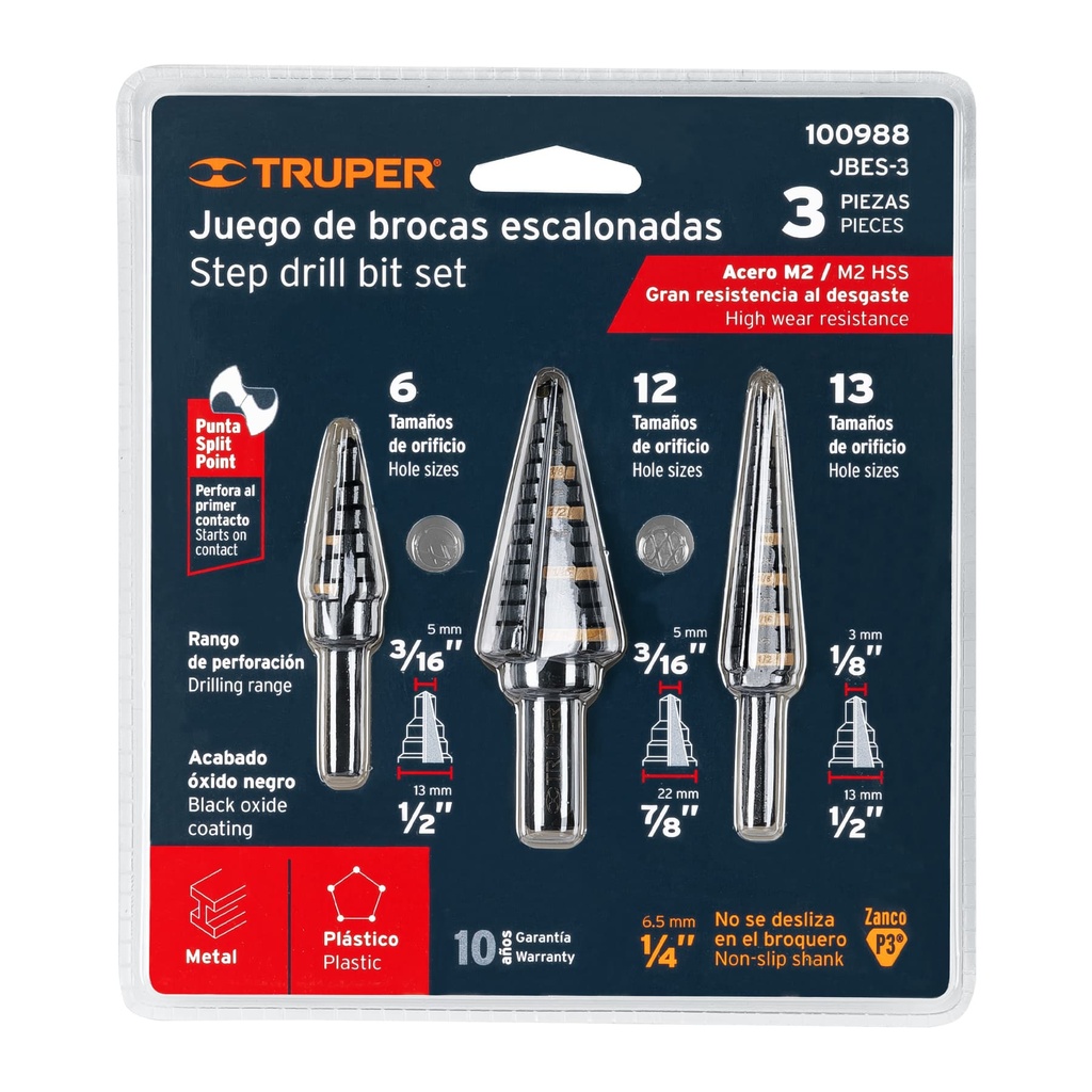 [100988] JUEGO DE 3 BROCAS ESCALONADAS- 3/16' A 1/2'- 3/16' A 7/8'- 1/8' A 1/2