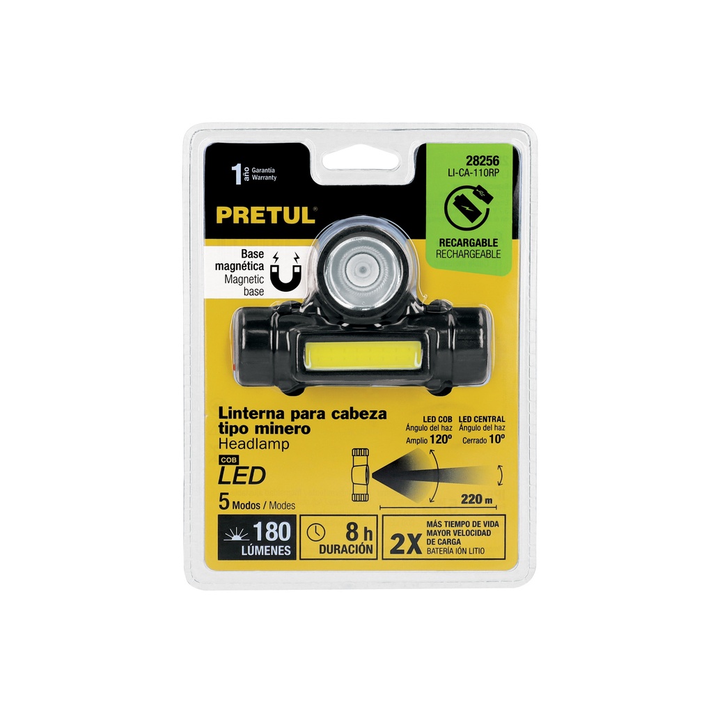 [28256] LINTERNA PARA CABEZA MINERO, LED, 180 LM, RECARGABLE