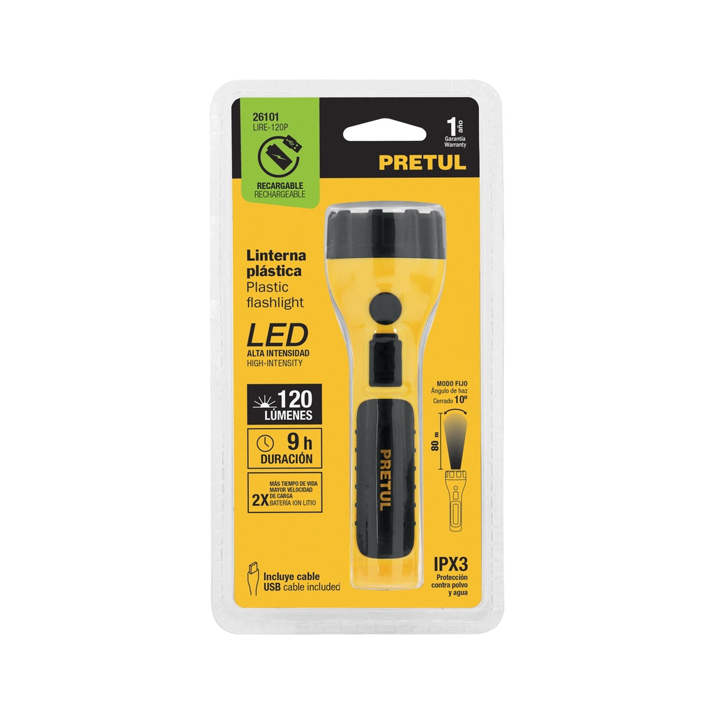 [26101] LINTERNA PLÁSTICA DE LED, 120 LM, RECARGABLE, PRETUL