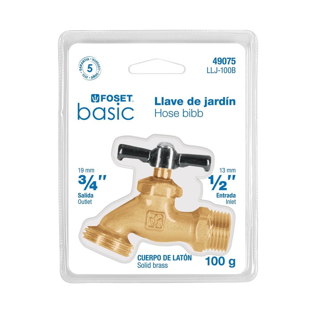 [49075] LLAVE PARA MANGUERA LATÓN 100 GR 1/2 PLG. BLISTER FOSET BASIC