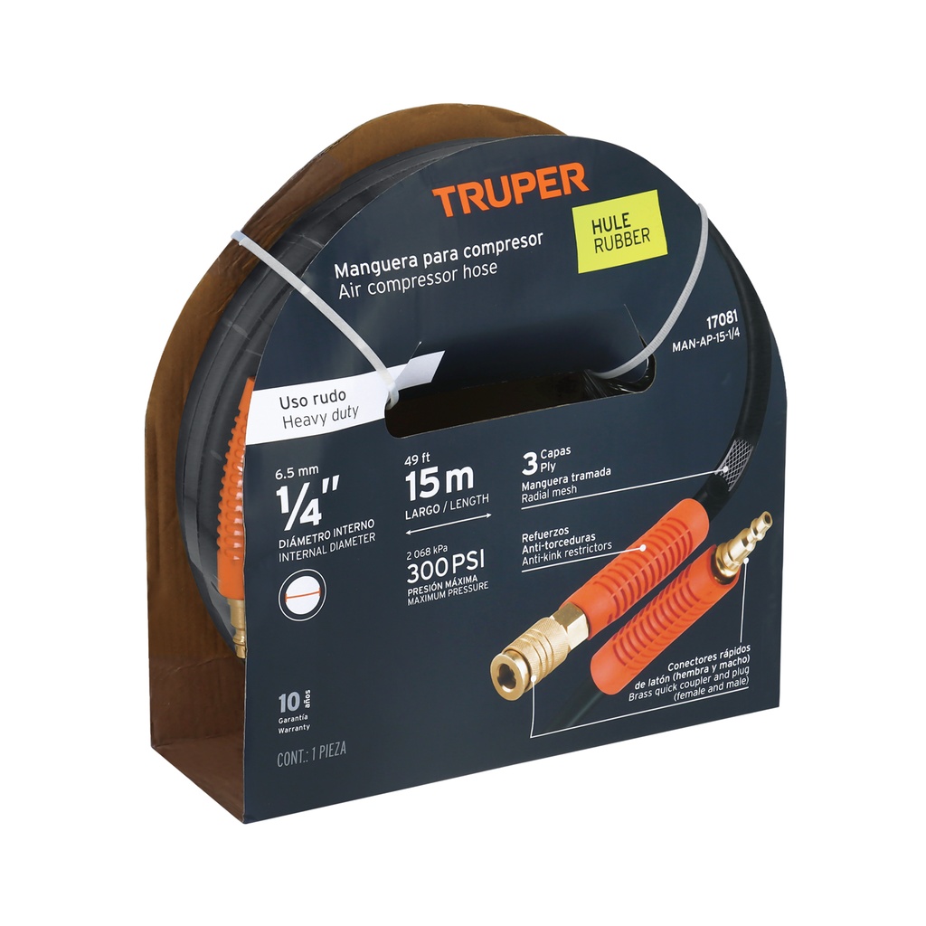 [17081] MANGUERA DE HULE PARA COMPRESOR 15MTS*1/4 TRUPER
