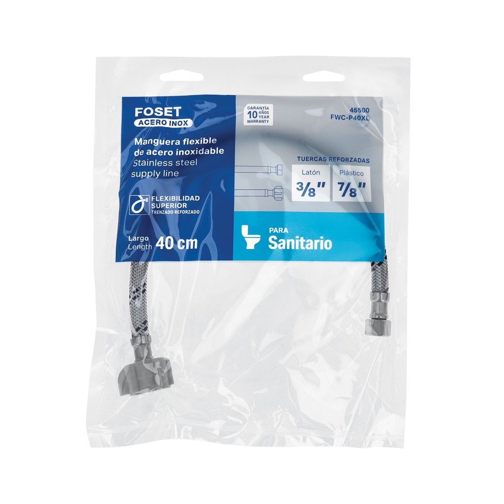[45500] MANGUERA WC ACERO INOX 3/8*7/8 40CM CONECTOR PLASTICO FOSET