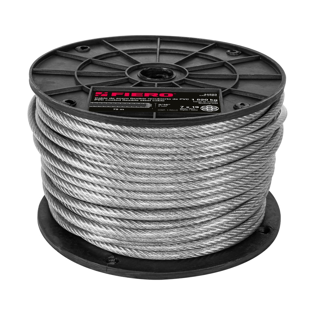 [44223] METRO CABLE FLEXIBLE 3/16 PLG. ACERO 7X19 RECUBIERTO PVC 75 M