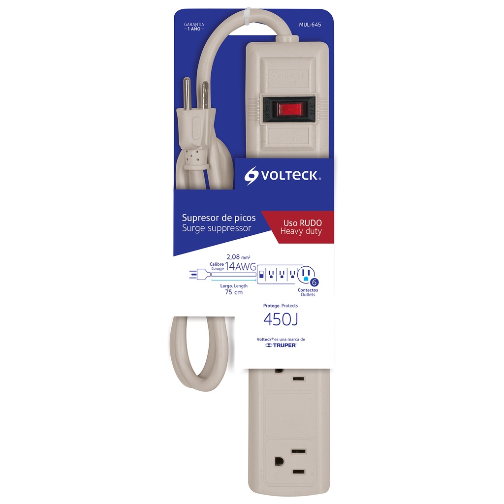 [47184] MULTICONTACTO 14AWG 6 ENTRADAS SUPRESOR 2 PICOS 450 JOULES
