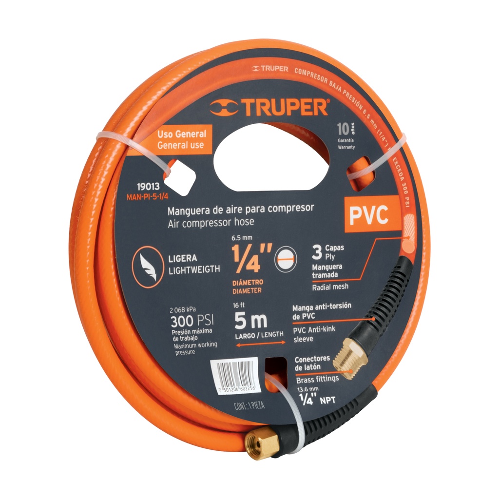 [19013] ROLLO DE 5 M DE MANGUERA 1/4 PLG. DE PVC PARA COMPRESOR TRUPER