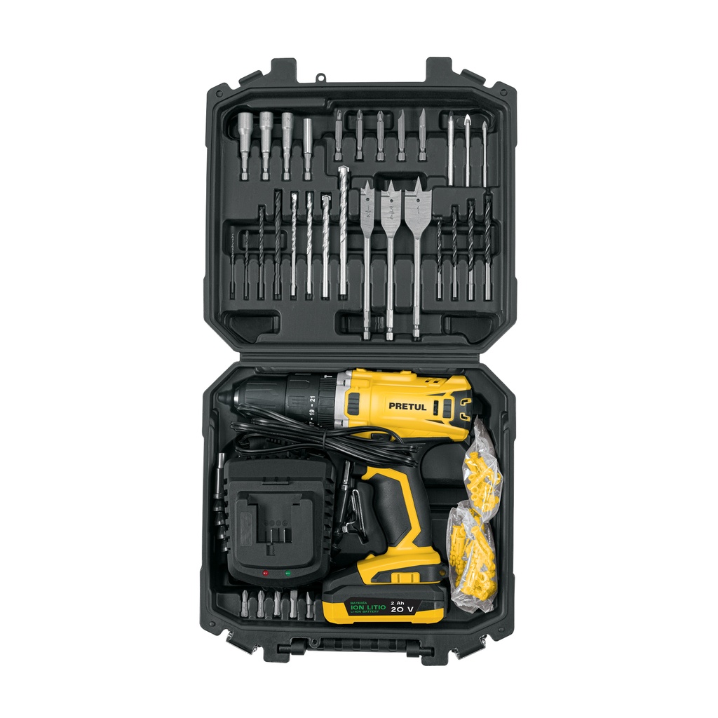 [29000] ROTOMARTILLO KIT INALAMBRICA 1/2 20 VOLT Y 32 ACCESORIOS PRETUL