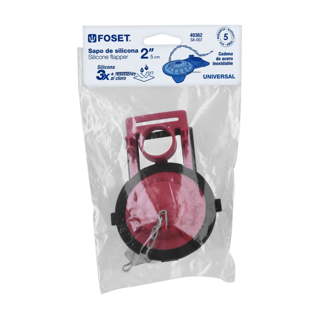 [49362] SAPO DE 2 PLG. DE SILICONA PARA WC ROJO C/CADENA DE ACERO INOX
