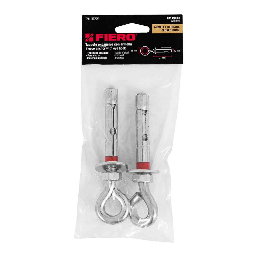 [47562] TAQUETE EXPANSIVO DE ACERO CON ARMELLA CERRADA- 12MM X 70MM- 2 PIEZAS