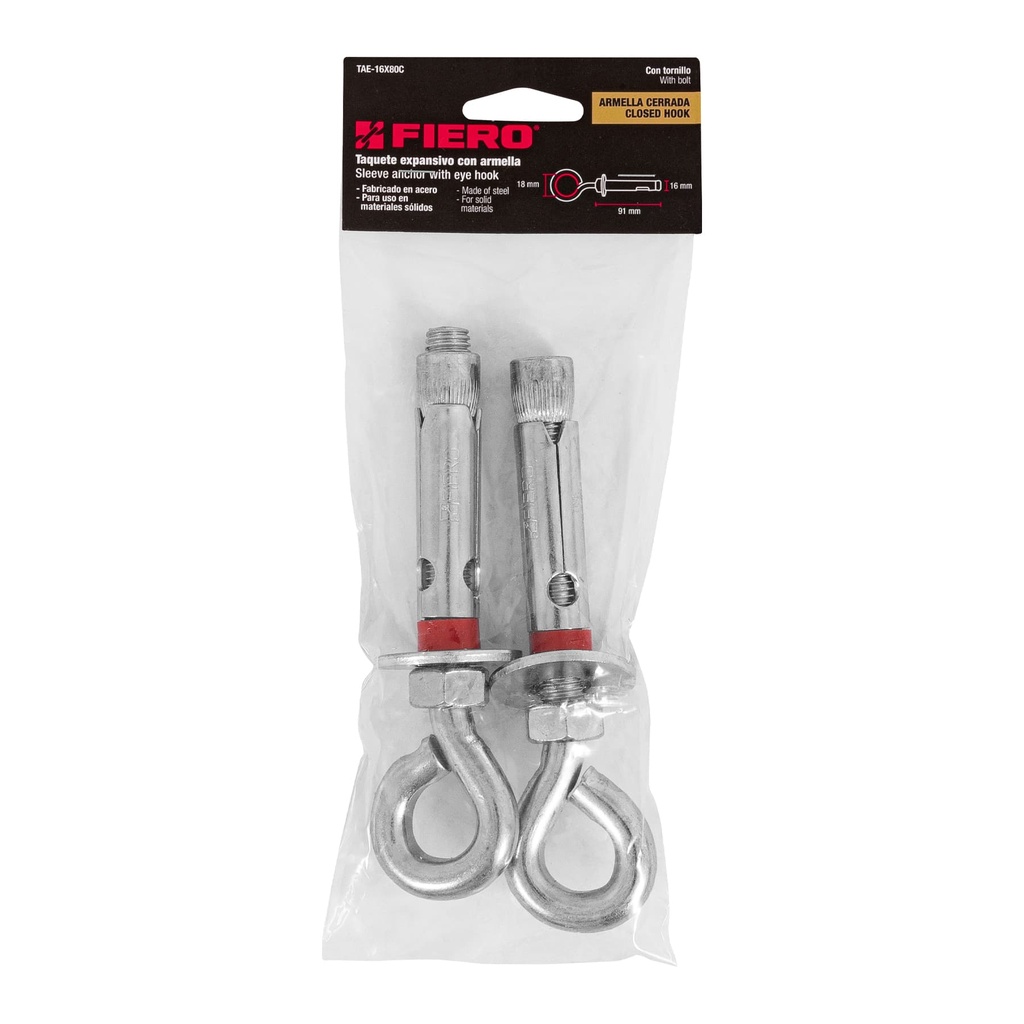 [47563] TAQUETE EXPANSIVO DE ACERO CON ARMELLA CERRADA- 16MM X 80MM- 2 PIEZAS